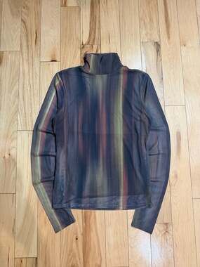 Rachel Zoe Multi-Color Abstract Vertical Stripe Mesh Mockneck Long Sleeve Top